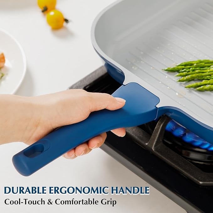 KOCH SYSTEME CS 9.5 Inch Nonstick Grill Pan for Stove Tops, Square Griddle Pan with Pour Spouts, Grill Pan for Indoor Cooking, Grill Skillet with Bakelite Handle, PTFE & PFOA Free, Blue