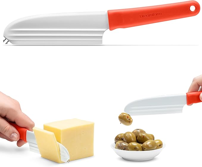 Dreamfarm Knibble Lite 3-In-1 Non-Stick Cheese Knife for Charcuterie, Slicing, Spreading, with Built-In Fork to Serve & Share Foods - 9" Red