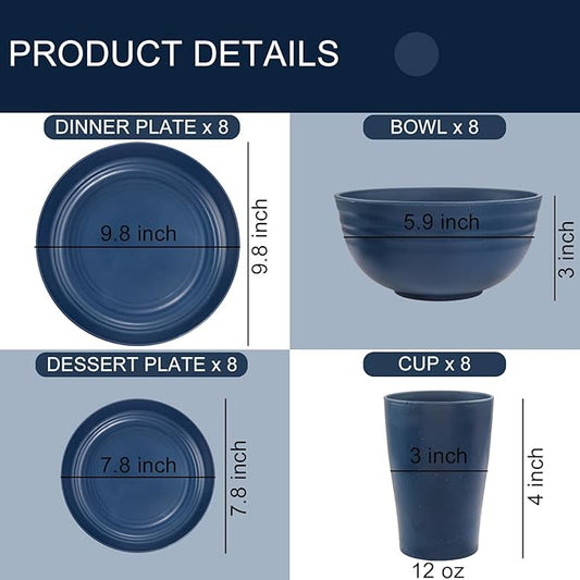 Supernal Wheat Straw Dinnerware Sets, Tableware Set for 8, Plates and Bowls Sets, Reusable Dinnerware Set, Dishwasher Safe, Blue Plastic Dinnerware Sets 16pcs Plates, 8pcs Bowls, 8pcs Cups