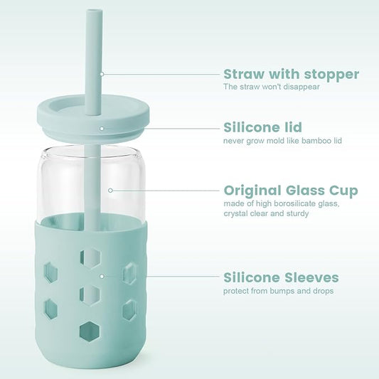 Glass Cups with Lids and Straws 4 Pcs, 16oz Glass Tumbler with Silicone Straw and Sleeve for Coffee Bar Accessory, Drinking Glasses Set Reusable Iced Coffee Cup - Smoothie Cup for Gifts