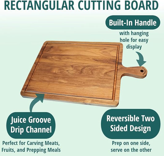 EcoDecors 3 Piece Teak Cutting Board Set with Handles, FSC Certified Edge Grain, Prep and Serving Boards for Kitchen