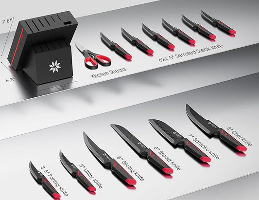 Knife Set - 15 PCS Kitchen Knife Set with Built-in Knife Sharpener Block - Stainless Steel Knife Block Set - Dishwasher Safe, Elegant Box for Men Women, Red