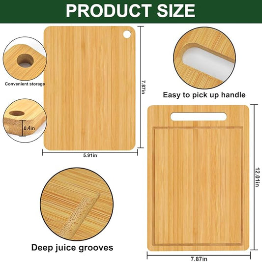 2PCS Bamboo Cutting Board for Kitchen, Wood Cutting Boards, Food-Grade Wooden Chopping Board for Meat Cheese Vegetable (Small Medium)