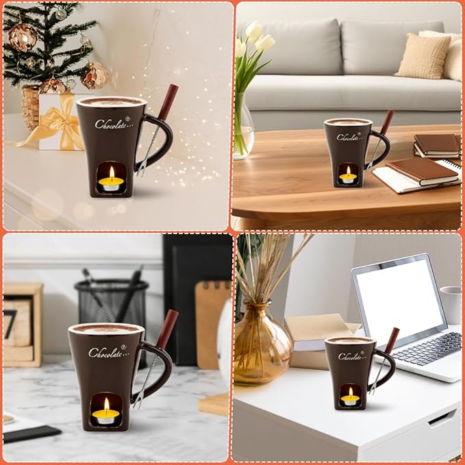 Chocolate Fondue Mugs, Chocolate Melting Cup Set with Forks Candle Warmer, Mini Ceramic Coffee Warmer Mug, Fondue Cups With Forks For Date Night Birthday Wedding Gifts(Black)