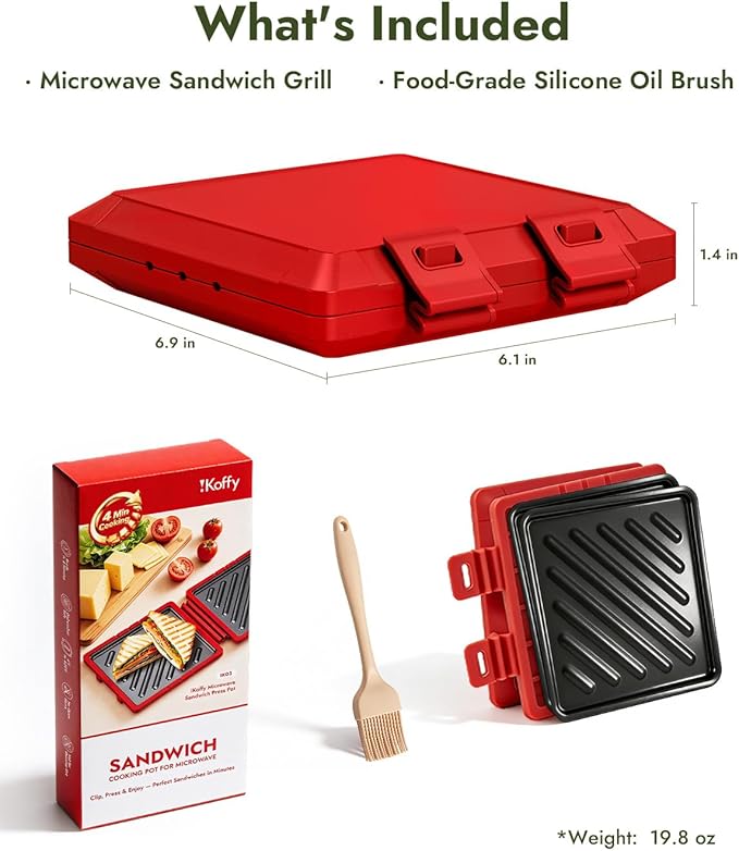 Metal-Enhanced Microwave Sandwich Press - Quick 4-Minute Panini, Grilled Cheese Maker, Detachable for Easy Cleaning, Includes Brush