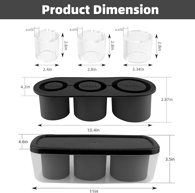 Fu Store Ice Cube Tray for Tumbler Cup 30-40 oz, 3pcs Silicone Ice Cube Molds With Lid and Bin for Chilling Cocktails Whiskey Drinks Juice Coffee Easy Fill and Release Ice Maker (Black, 40 oz)