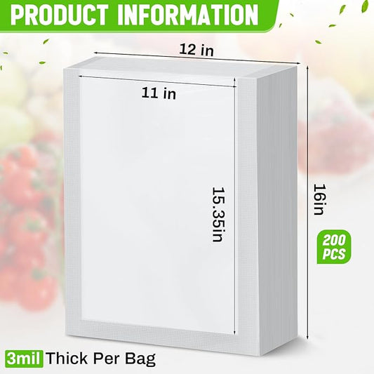 Woanger 200 Count Vacuum Sealer Bags for Food Clear Vacuum Chamber Sealer Bags 3 Mil 12" x 16" Bpa-free Grade Pouches for Food Storage