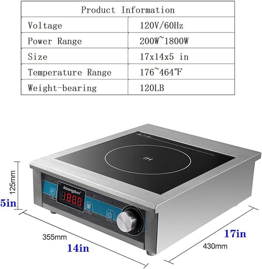 Commercial Grade Countertop Burner 1800 W /120V Commercial Induction Cooktop 9 Inch Heating Coil Hot Plate