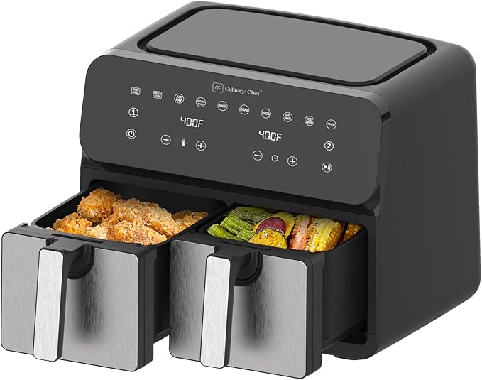 Culinary Chef 9.5-Quart Electric Air Fryer, Dual Basket (4.75qt*2), Adjustable Temperature, Touch Panel Control, One-Touch Cook Functions, and 360° Rapid Cooking, 1700 Watt Power