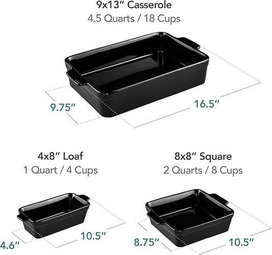 Best Choice Products 3-Piece Ceramic Bakeware Set, Stoneware Baking Dishes, Porcelain Casserole Bakeware Dishes, Serving Dishes - 9x12 Casserole, Loaf Pan, 8x8 Baking Dish - Black Licorice