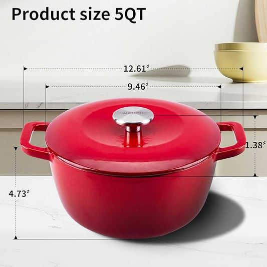 WOKINS Enamel Cast Iron Dutch Oven with Lid,Dual Handles,Heavy-Duty Cookware for Sourdough Bread Baking,Braising,Stews,Roasting,Oven Safe up to 500° F,5QT,red