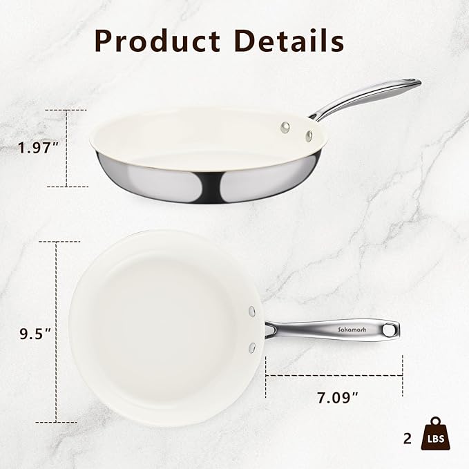 SAKAMOSH 9.5" Tri-Ply Stainless Steel Frying Pan, Nonstick Ceramic Pan, Skillet with Stay-Cool Handle, Non Toxic, PFAS PFOA PTFE Free, Dishwasher & Oven Safe, Induction, Compatible with All Cooktops
