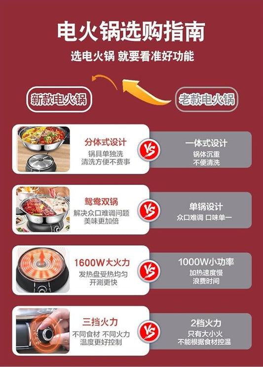YONGXIN Electric Hot Pot 30cm with Divider 304 Stainless Steel, 1400W Dual-Sided Shabu Hot Pot, 5 Liters (HS-160BU)