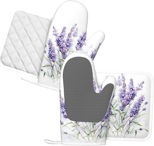 Oven Mitts and Pot Holders Lavender Watercolor Flower Floral Silicone Kitchen Accessories Set of 4 Heat Resistant Long Gloves Potholder Non-Slip Grip for Chef Cooking Baking Grilling BBQ