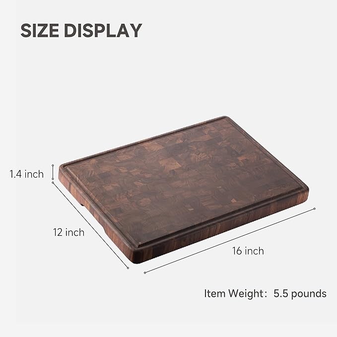 Muso Wood Large End Grain Cutting Borad 16x12 In, Checkered Cutting Board with Feet, Made from Walnut Wood, Chopping Board For Kitchen with Juice Groove Handles