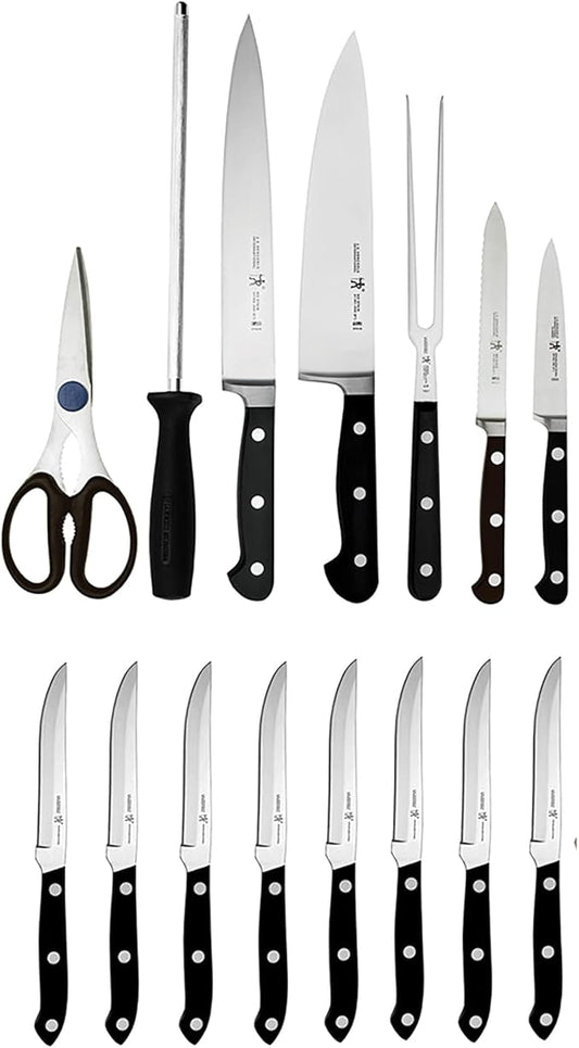 HENCKELS Classic Razor-Sharp 16-Piece Knife Block Set, Chef Knife, Bread Knife, Carving Fork and Knife, German Engineered Informed by 100+ Years of Mastery, Dark Brown Block