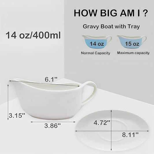 14 oz Gravy Boat with Tray, Ceramic Sauce Boat with Ergonomic Handle and Dripless Lip Spout for Salad Dressings, Creamer, Broth, Black Pepper, White