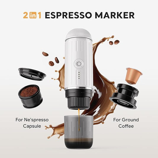 Portable Electric Espresso Coffee Maker for Ground Coffee & NS Capsule Espresso Machine Fast Self-Heating Technology with USB-C Perfect for RV, Hiking, Camping, Office & On-the-Go Lifestyles, White