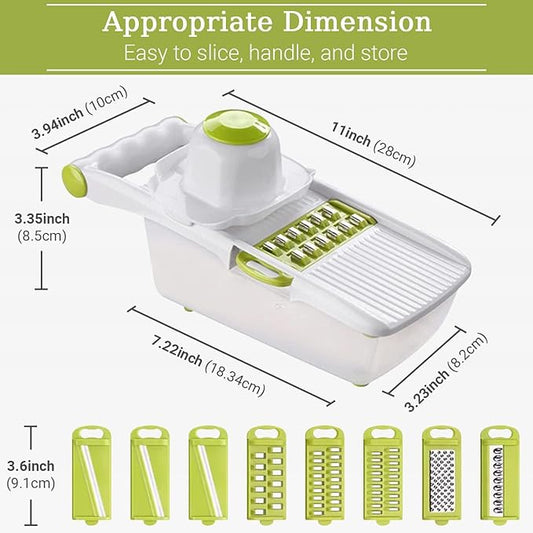 ADOV All in 1 Mandoline Slicer for Kitchen, Multi Function Fruit and Vegetable Slicer Vegetable Cutter, Interchangeable Stainless Steel with Food Container, Hand Protector, Julienne Slicers for Salad
