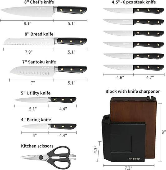 14-Piece Knife Block Set, High-Carbon Stainless Steel Dishwasher Safe Kitchen Knives Detachable Knife Holder, Includes Chef's, Santoku, Bread & Steak Knives (black)
