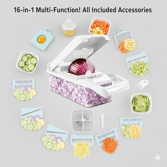 16 in 1 Vegetable Chopper, Mandoline Slicer and Food Processor - Kitchen Essentials for Effortless Food Prep - Includes Salad Spinner, Cheese Grater, Onion Chopper, French Fry Cutter (Sky Blue)