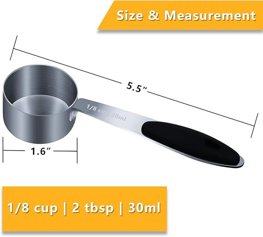 2PCS 1/8Cup (30ml, 1oz) Single Measuring Cup with Black Silicone Grip, Stainless Steel Individual Measure Scoop Only