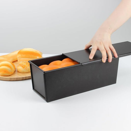 2.2LB Pullman Loaf Pan with Lid, Toast Mold Nonstick Bread Pan Bakeware, Commercial Pullman Bread Pan Dough Capacity, Carbon Steel Bread Toast Baking Pan Mold for Baking Bread-Black