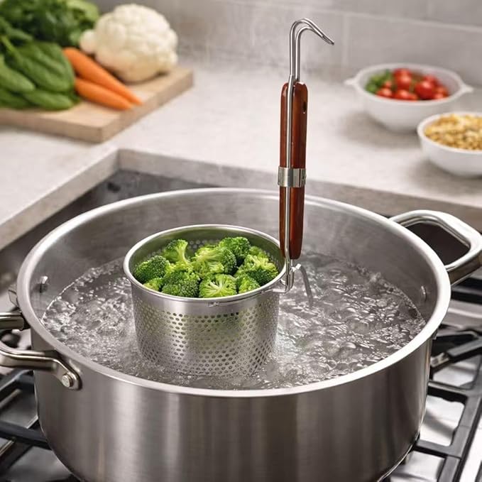 2 Pcs Stainless Steel Pasta Basket with Wood Handle Pasta Strainer Kitchen Mesh Spider Noodle Strainer Skimmer Food Dumpling Noodle Blanching Basket