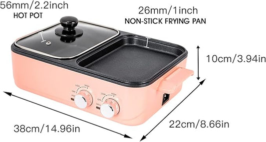 Hot Pot and Grill, Electric Hot Pot and Frying Pan,2 in 1 Indoor NonStick Shabu Shabu Pot and Griddle, Dual Temperature Control, Fast Heating, Suitable for Steak, Vegetables, Shellfish, Pasta, etc.