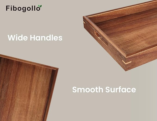 Set of 2 Acacia Wood Serving Tray with Handles,Decorative Trays Platter,Breakfast Tray in Bed,Food Drinks Tray for Eating,Working,Storing(Brown)