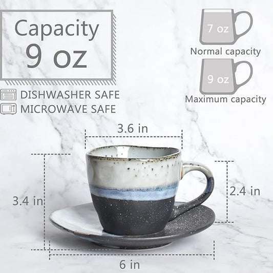 Bosmarlin Stoneware Coffee Cup Mug with Saucer Set of 2 for Latte, Cappuccino, Tea, Oz, Dishwasher and Microwave Safe (Black, 2)