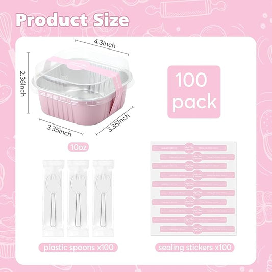 Ruckae 10oz 100 Pcs Square Mini Loaf Pans with Lids-Disposable Foil Dessert Containers,Mini Cake Pans with Lids,Aluminum Dessert Cups for Parties and Weddings (Pink, 10oz)