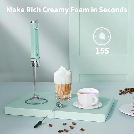 Maestri House Rechargeable Milk Frother with Stand, LunaFro Handheld Electric Foam Maker Waterproof Detachable Stainless Steel Whisk Drink Mixer Foamer for Lattes, Cappuccino