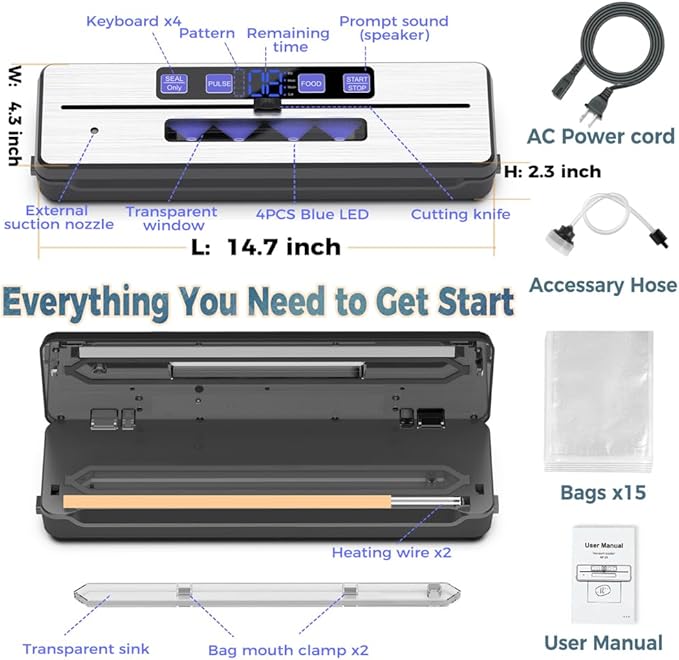 Vacuum Sealer Machine, Powerful Pro Food Sealer Compact Design Food Preservation System High-Speed with Dry/Moist/Moist+/Soft Mode, Starter Kit 15 Bags & Accessory Hose & Bulit-in Cutter