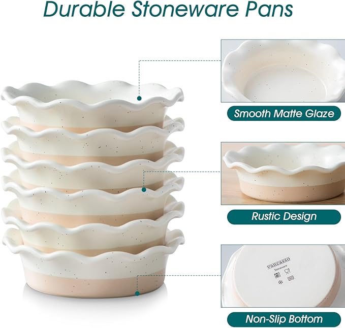 vancasso Mini Pie Pans Set of 6, 5.2 Inch Ceramic Deep Dish Pie Plates with Ruffled Edge for Baking, Microwave & Oven Safe, Cream Colored