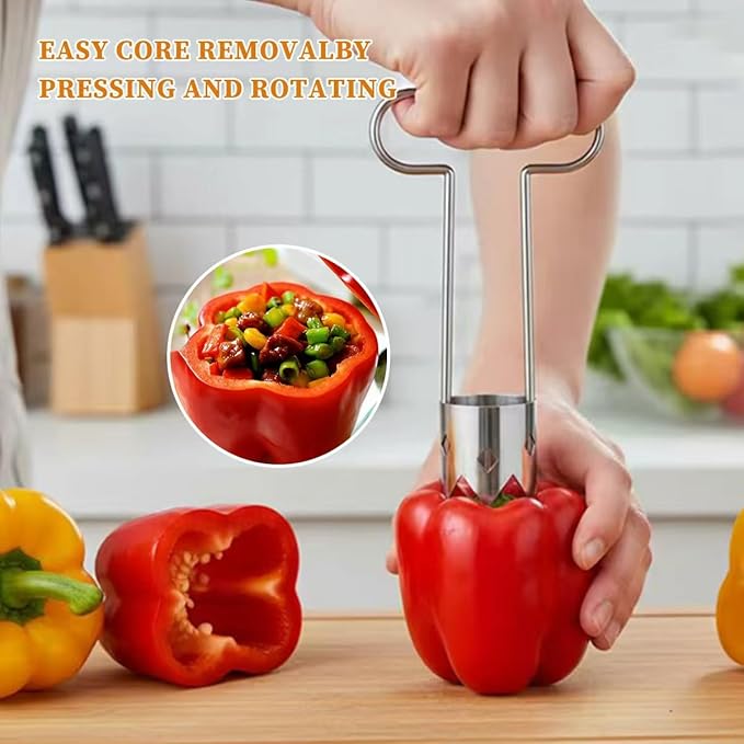 Red Bell Pepper Corer with T Handle, Stainless Steel Seed Remover for Bell Peppers Chili, Easy Vegetable Coring Tool for Kitchen Prep