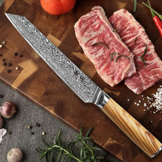 Wakoli Oribu Damascus Meat Knife – 8-Inch Full Tang Kitchen Knife | 67-Layer Professional Damascus Steel with AUS-10 Core | Olive Wood Handle for Enhanced Grip | Sharp & Long Lasting