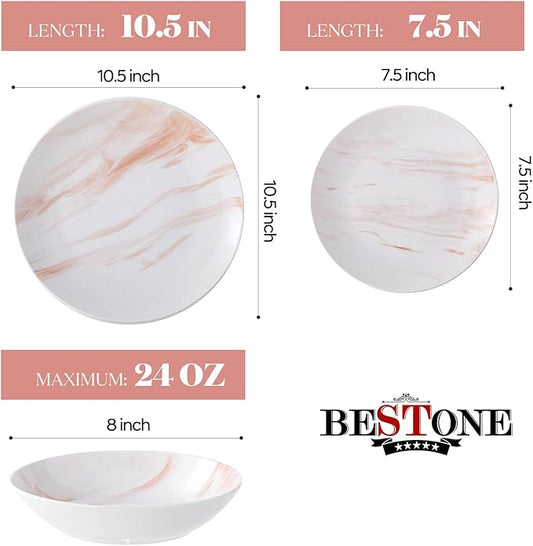 Bestone 12 Pieces Round Kitchen Dinnerware Sets,Plates and Bowls sets,Dishes, Plates, Bowls, Dish Set,Plates and Bowls,Service for 4, Orange and White Marble