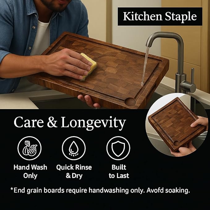 Cutting Board for Kitchen – Wood Cutting Board, Non-Toxic Butcher Block, Walnut Cutting Boards with Juice Groove & Handles, Charcuterie Board – Walnut (End) - 11" x 17" x 1.75"
