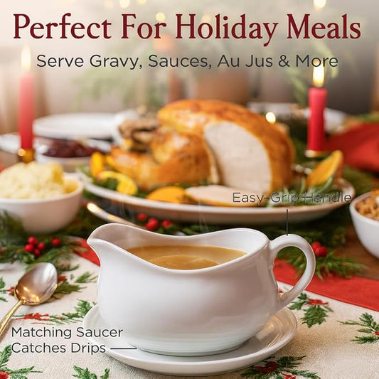 HIC Kitchen Hotel Gravy Boat With Saucer, Fine Porcelain, 24-Ounce Capacity For Gravy, Sauce, Au Jus, Dressing, Holiday Meals, And Entertaining