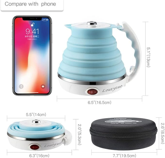 Ultrathin Upgraded Food Grade Silicone Travel Foldable Electric Kettle Boil Dry Protection Portable with Dual Voltage and Separable Power Cord,555ML 110-220V US Plug