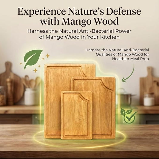 3-Piece Wooden Cutting Board Set with Juice Grooves, Mango Wood Chopping Boards for Kitchen Prep and Charcuterie Serving, Eco Friendly Multi Size Cutting Boards with Built-in Handles (Natural)