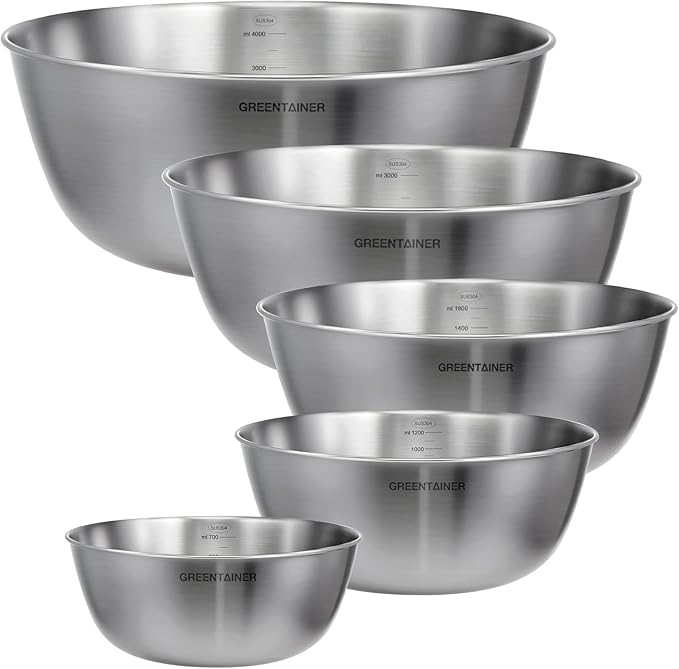 Greentainer 5-Piece Stainless Steel Mixing Bowls Set for Kitchen, Nesting Bowls for Mixing, Baking, Prepping, Cooking and Serving Food, Metal Mixing Bowls Dishwasher Safe