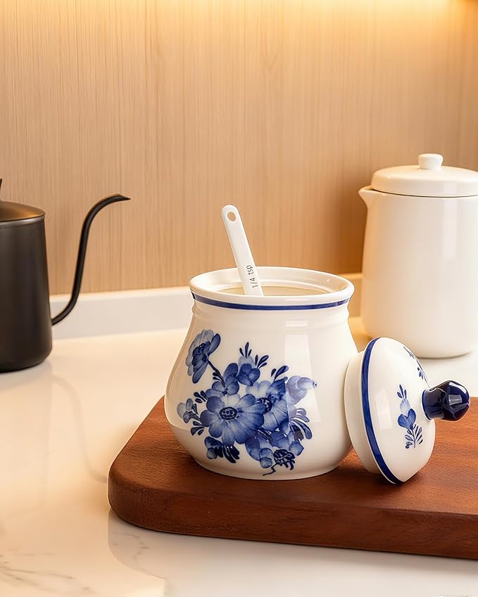 Ceramic Sugar Bowl with Lid and Spoon, 11Oz Sugar Container for Coffee Bar, Blue and White Sugar Jar/Dispenser, Flower