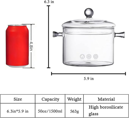 Clear Glass Simmer Pot for Stove Potpourri Cooking Saucepan with Cover Cookware Set Heat-Resistant Stovetop Pot And Pan with Lid, Soup, Milk, Baby Food,Fruit and Spices 1.5L/ 50 FL OZ