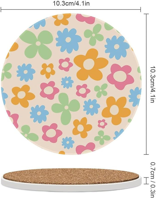 Floral Drink Coasters, Round Ceramic Drink Coaster Round-4PCS, Cartoon 70s Cute Flower Abstract Pastel Daisy Floral Decor Absorbent Ceramic Coasters for Beverage Cup, Bar, Coffee Table