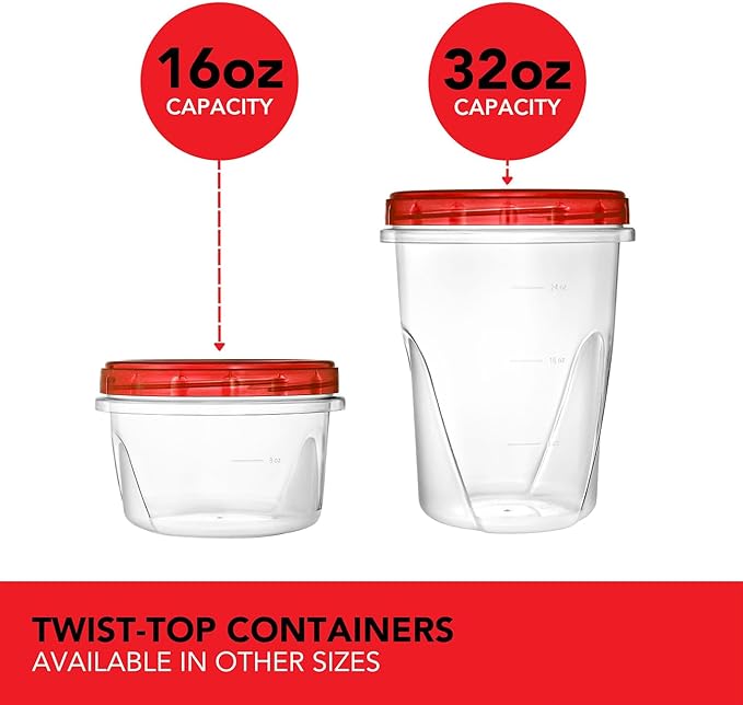 Stock Your Home 32oz Plastic Containers with Red Twist Top Lids (6 Pack) – Quart Freezer Containers for Leftovers, Airtight Reusable Soup Storage, Microwave & Dishwasher Safe