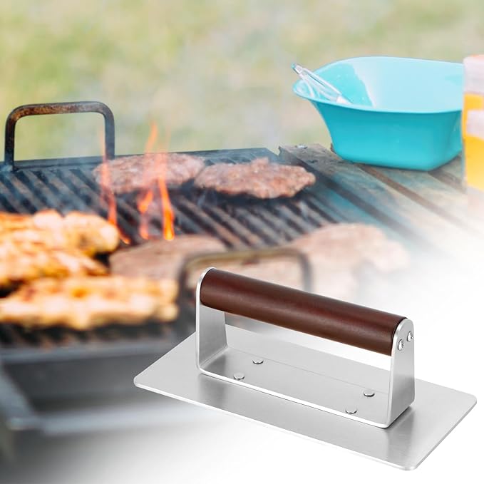 QWORK Stainless Steel Bacon Press with Heat-Resistant Wooden Handle, 9 Inch - Non-Stick, Griddle Bacon, Ham, Steak, Sandwich Press