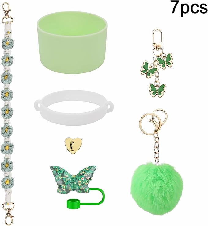 Accessories Set Including Water Bottle Handle Strap, Silicone Boot, Resin Butterfly Straw Cover, Straw Topper, Lip Balm Sleeve, Butterfly & Hairball Charms for Stanley Cup Tumbler