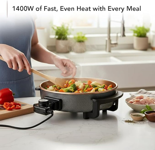 OVENTE 12 Inch Electric Skillet and Frying Pan with Nonstick Coating, 1400W Power, Adjustable Temperature Control, Tempered Glass Lid with Vent and Cool Touch Handles, Copper SK11112CO
